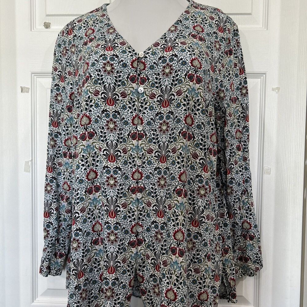 J. Jill Multicolor Botanical Floral V Neck Button Front Blouse Tunic Women's XL